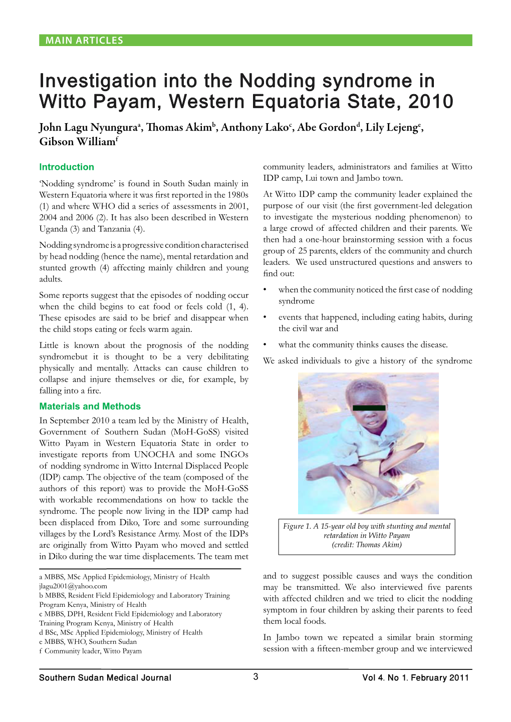 Investigation Into the Nodding Syndrome in Witto Payam, Western