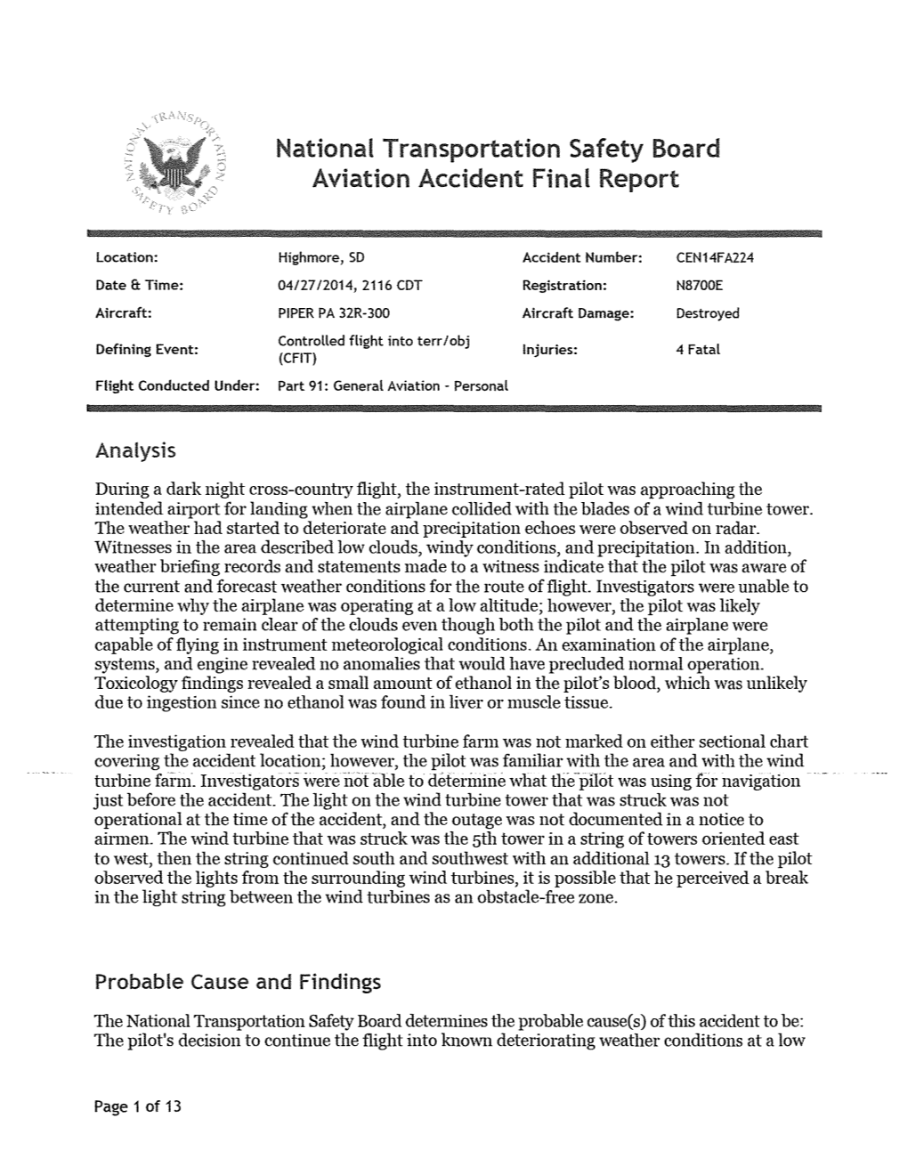 National Transportation Safety Board Aviation Accident Final Report