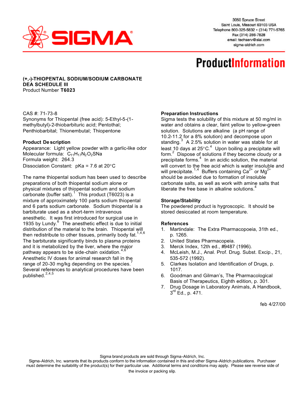 THIOPENTAL SODIUM/SODIUM CARBONATE DEA SCHEDULE III Product Number T6023