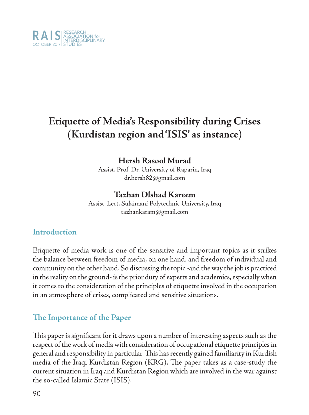 Etiquette of Media's Responsibility During Crises (Kurdistan Region And