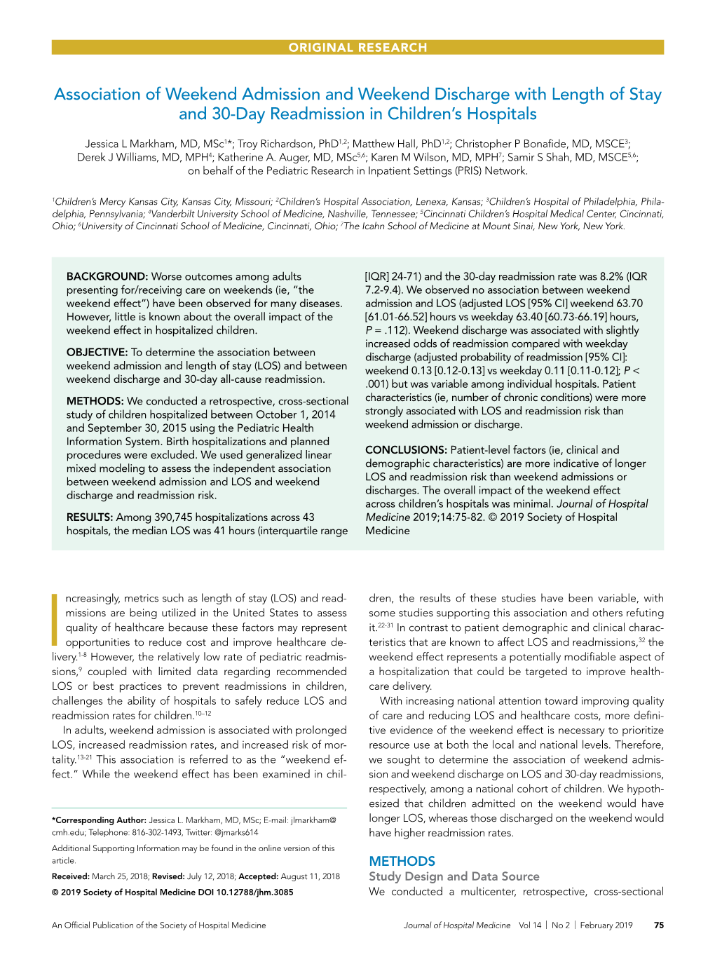 Association of Weekend Admission and Weekend Discharge with Length of Stay and 30-Day Readmission in Children’S Hospitals