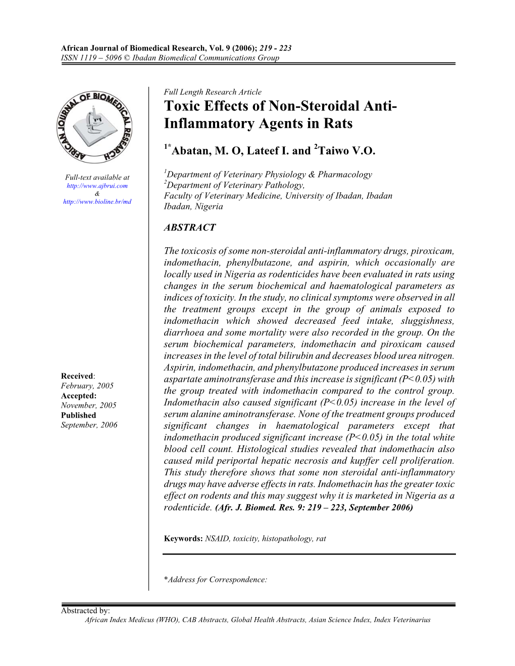 Toxic Effects of Non-Steroidal Anti- Inflammatory Agents in Rats