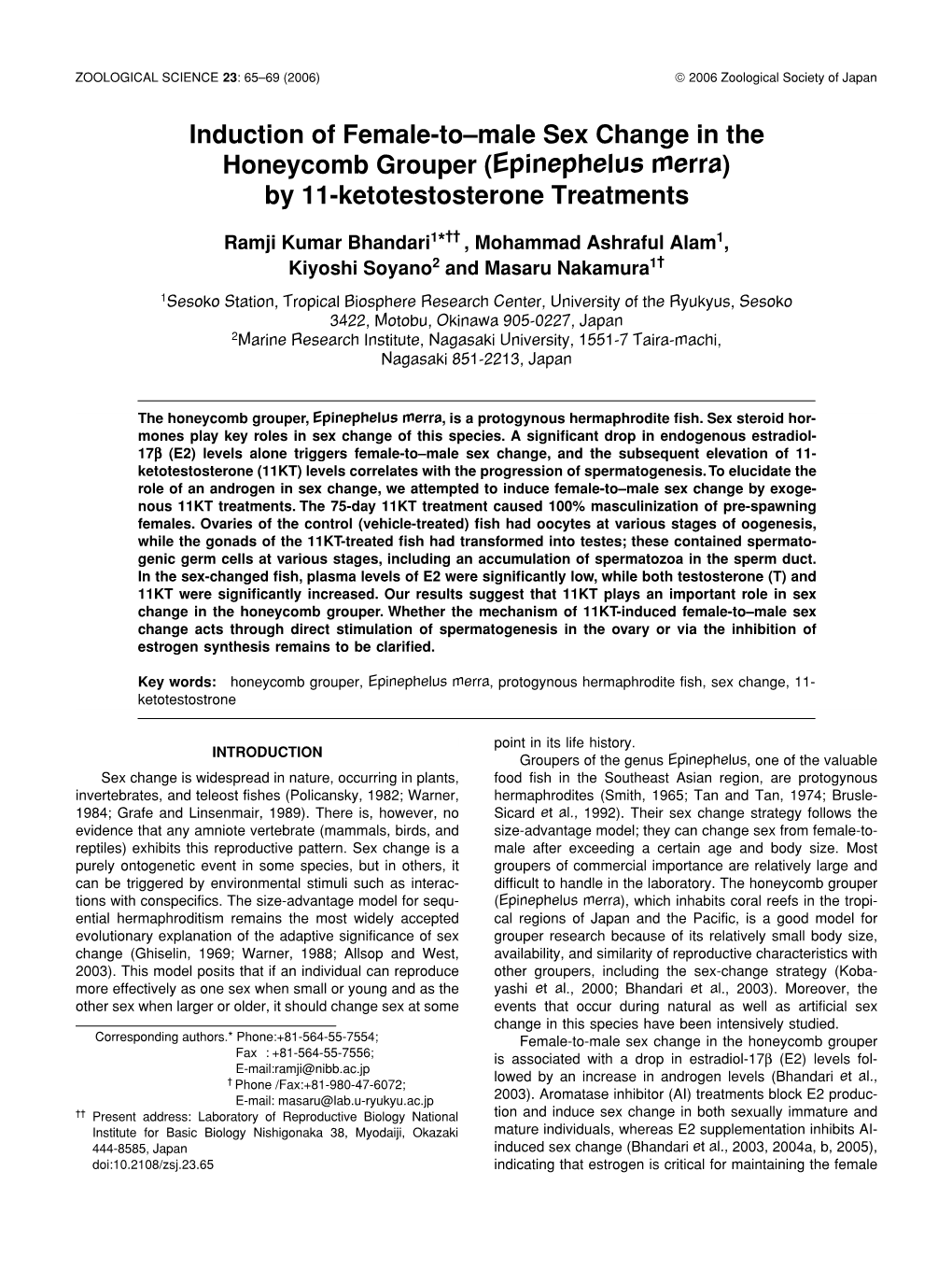 Induction of Female-To–Male Sex Change in the Honeycomb Grouper (Epinephelus Merra) by 11-Ketotestosterone Treatments