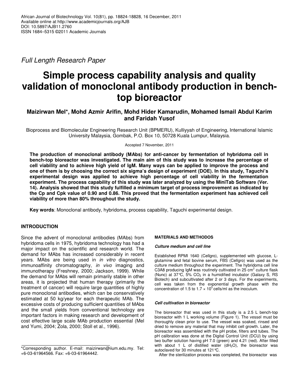 Simple Process Capability Analysis and Quality Validation of Monoclonal Antibody Production in Bench- Top Bioreactor