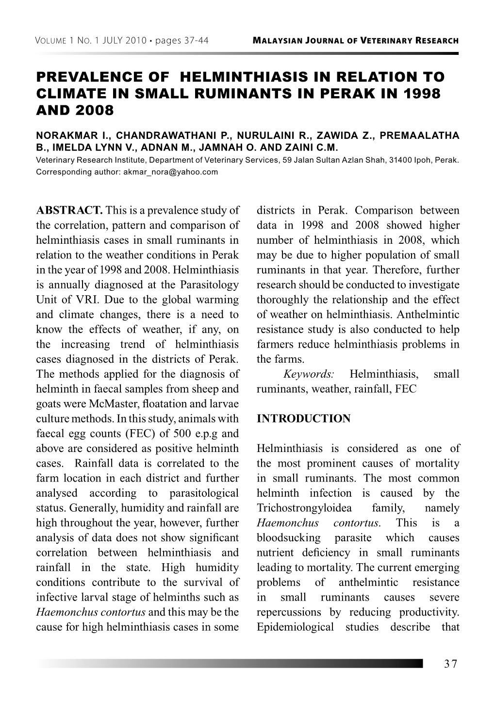 Prevalence of Helminthiasis in Relation to Climate in Small Ruminants in Perak in 1998 and 2008