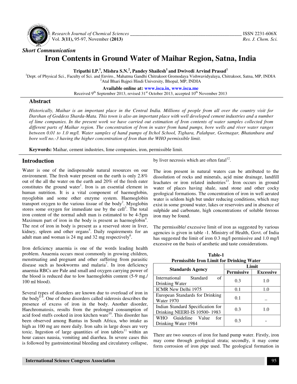 Iron Contents in Ground Water of Maihar Region, Satna, India