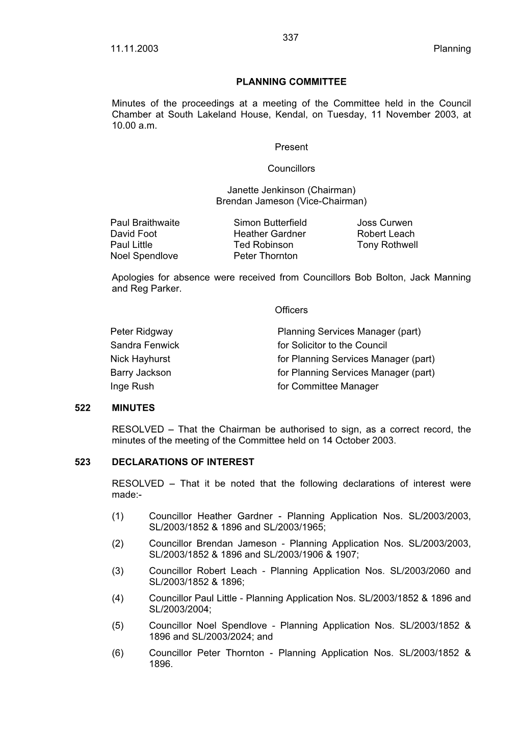 337 11.11.2003 Planning PLANNING COMMITTEE Minutes of the Proceedings at a Meeting of the Committee Held in the Council Chamber