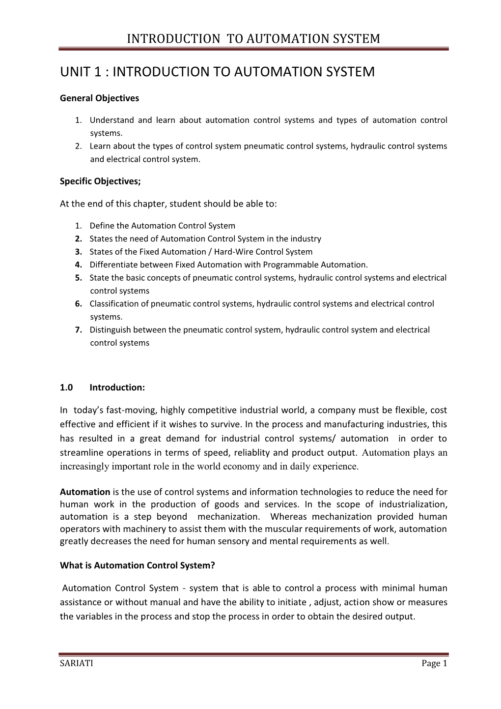 Unit 1 : Introduction to Automation System