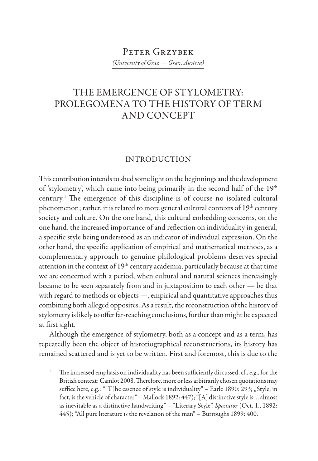 Peter Grzybek the Emergence of Stylometry: Prolegomena to the History of Term and Concept