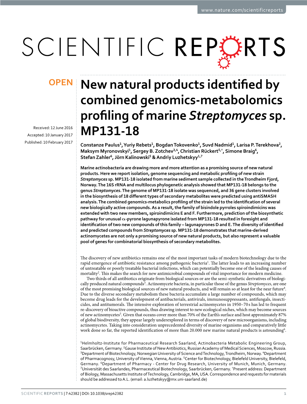 New Natural Products Identified by Combined Genomics-Metabolomics Profiling of Marine Streptomyces Sp. MP131-18