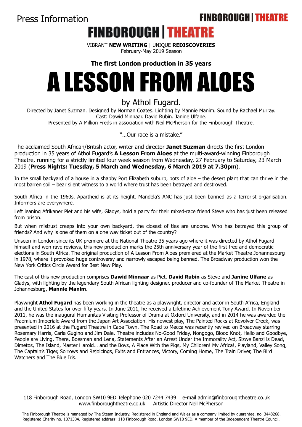 A LESSON from ALOES by Athol Fugard