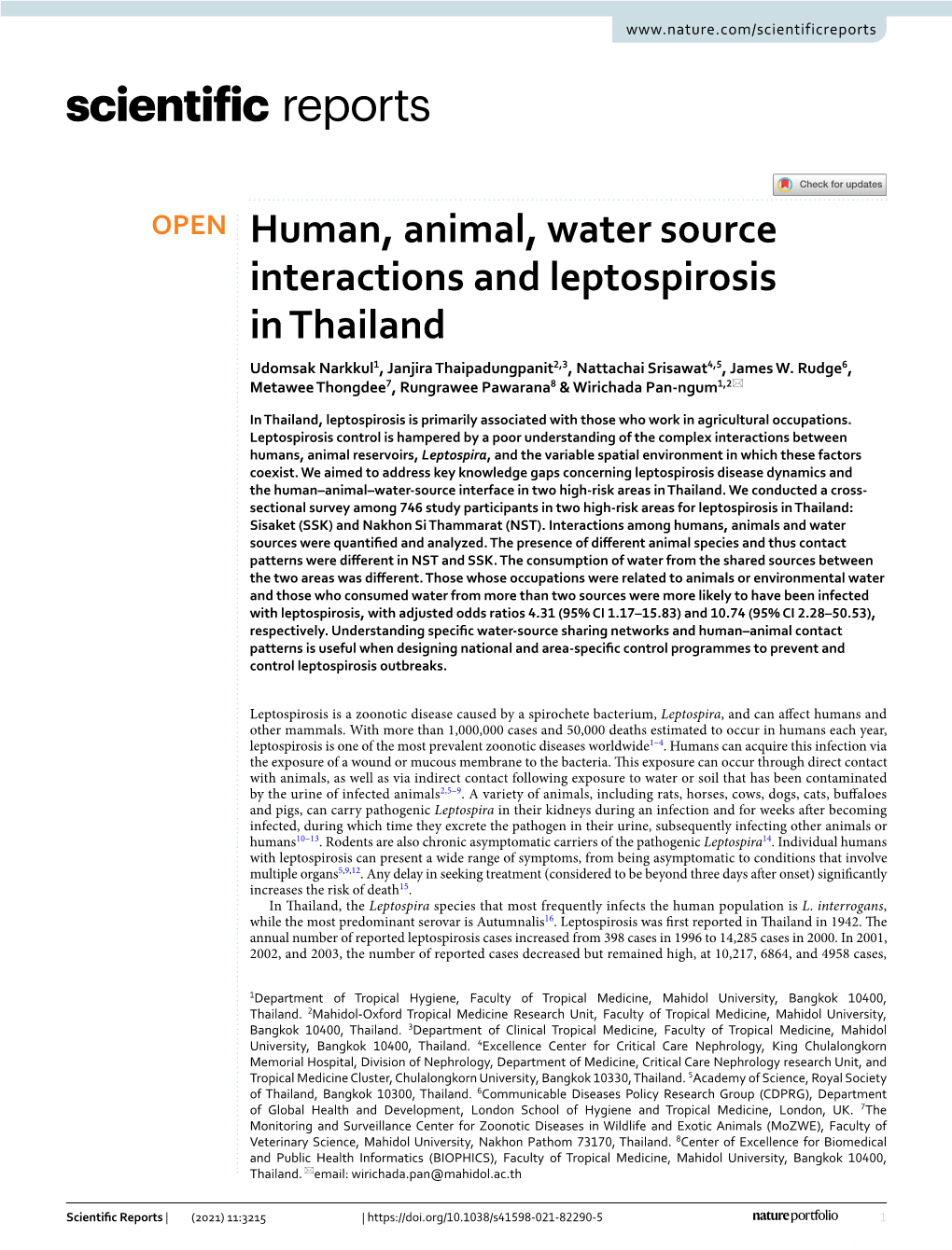 Human, Animal, Water Source Interactions and Leptospirosis in Thailand Udomsak Narkkul1, Janjira Thaipadungpanit2,3, Nattachai Srisawat4,5, James W