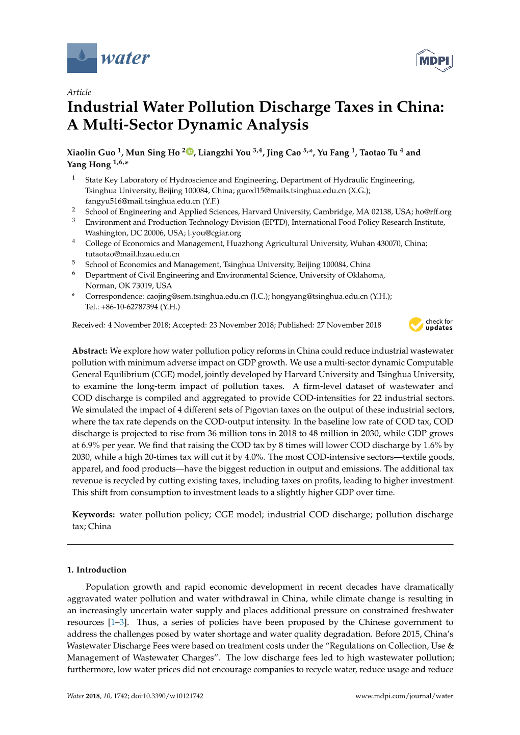 Industrial Water Pollution Discharge Taxes in China: a Multi-Sector Dynamic Analysis