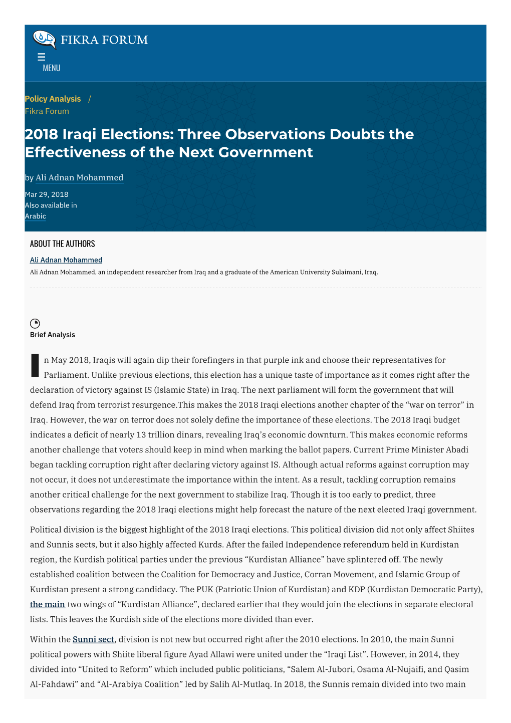 2018 Iraqi Elections: Three Observations Doubts the Effectiveness of the Next Government by Ali Adnan Mohammed