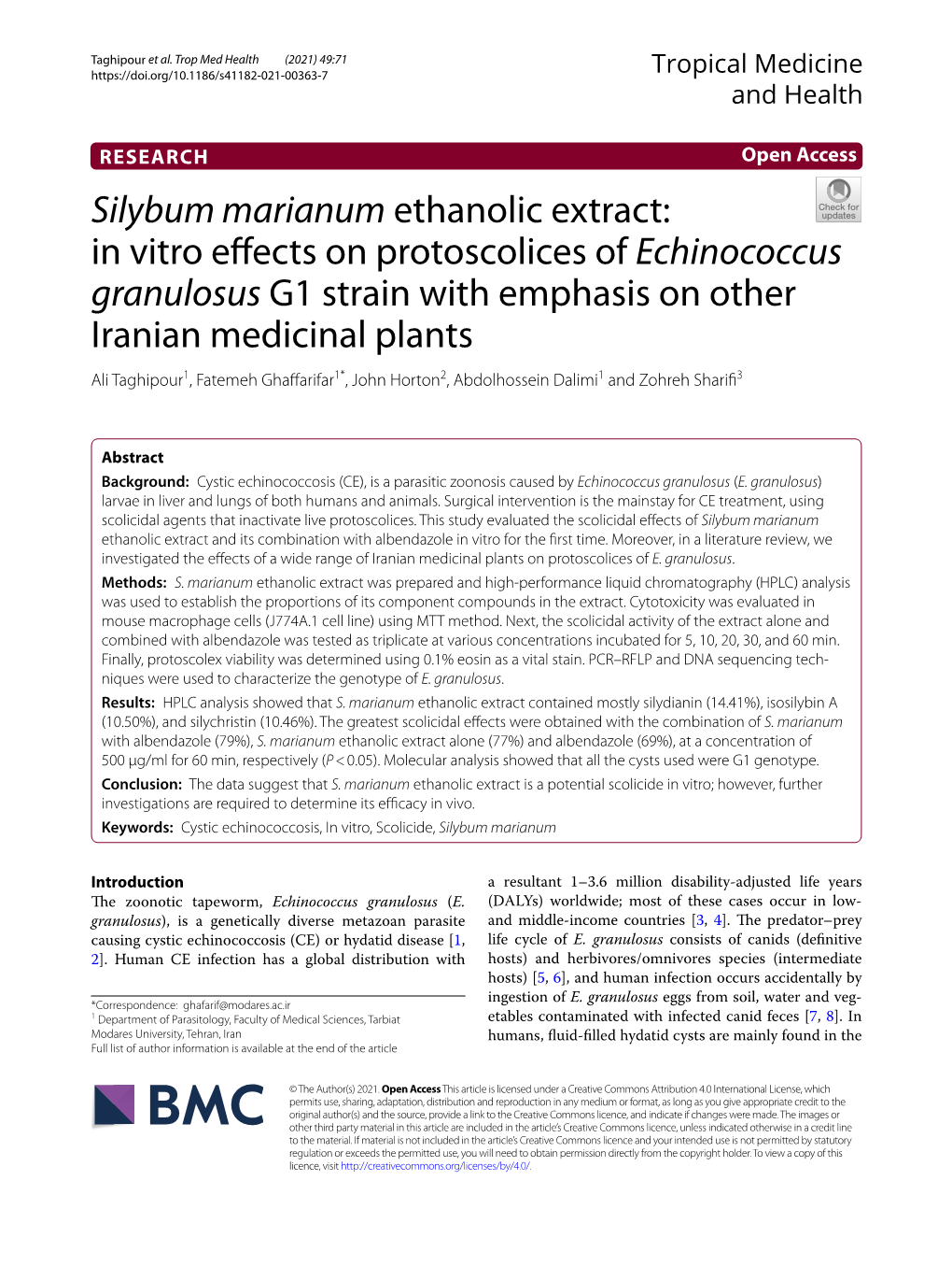 Silybum Marianum Ethanolic Extract: in Vitro Effects on Protoscolices Of