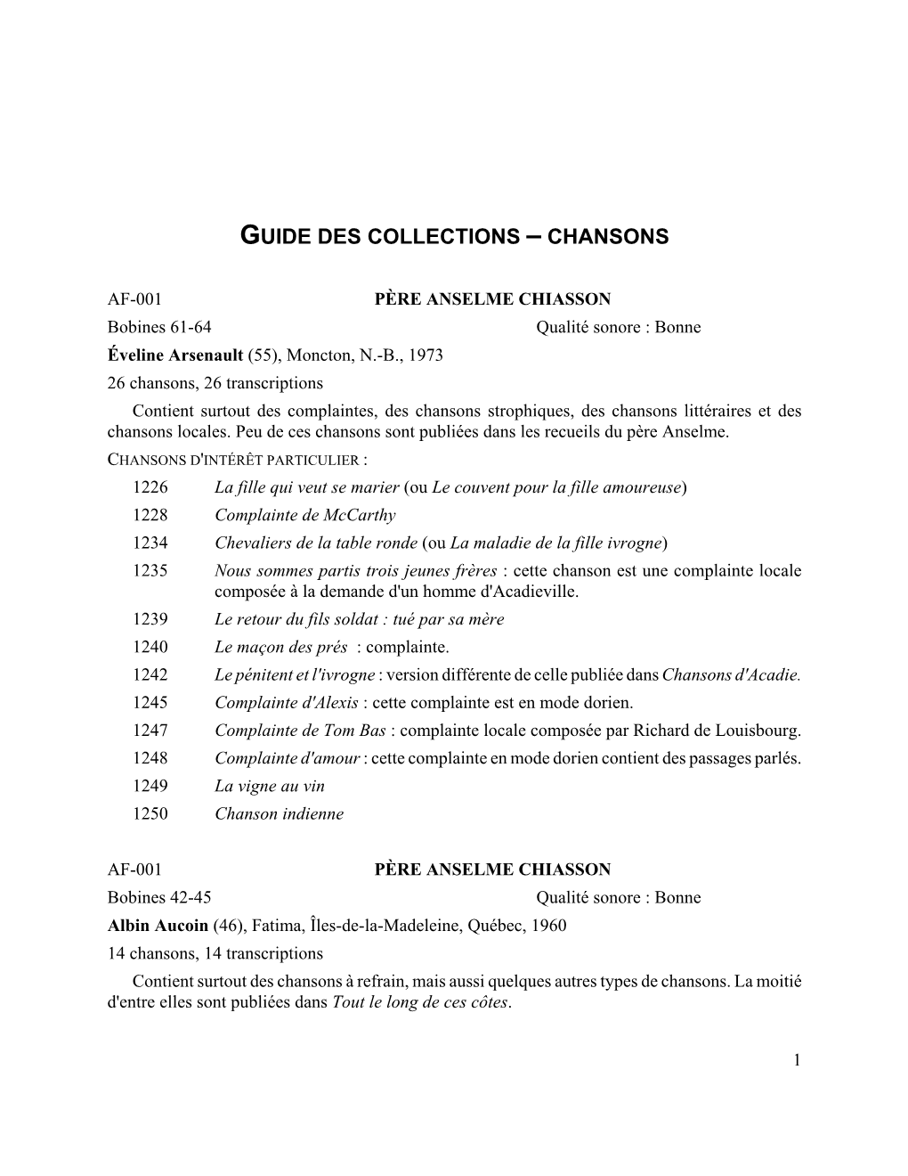 Guide Des Collections – Chansons