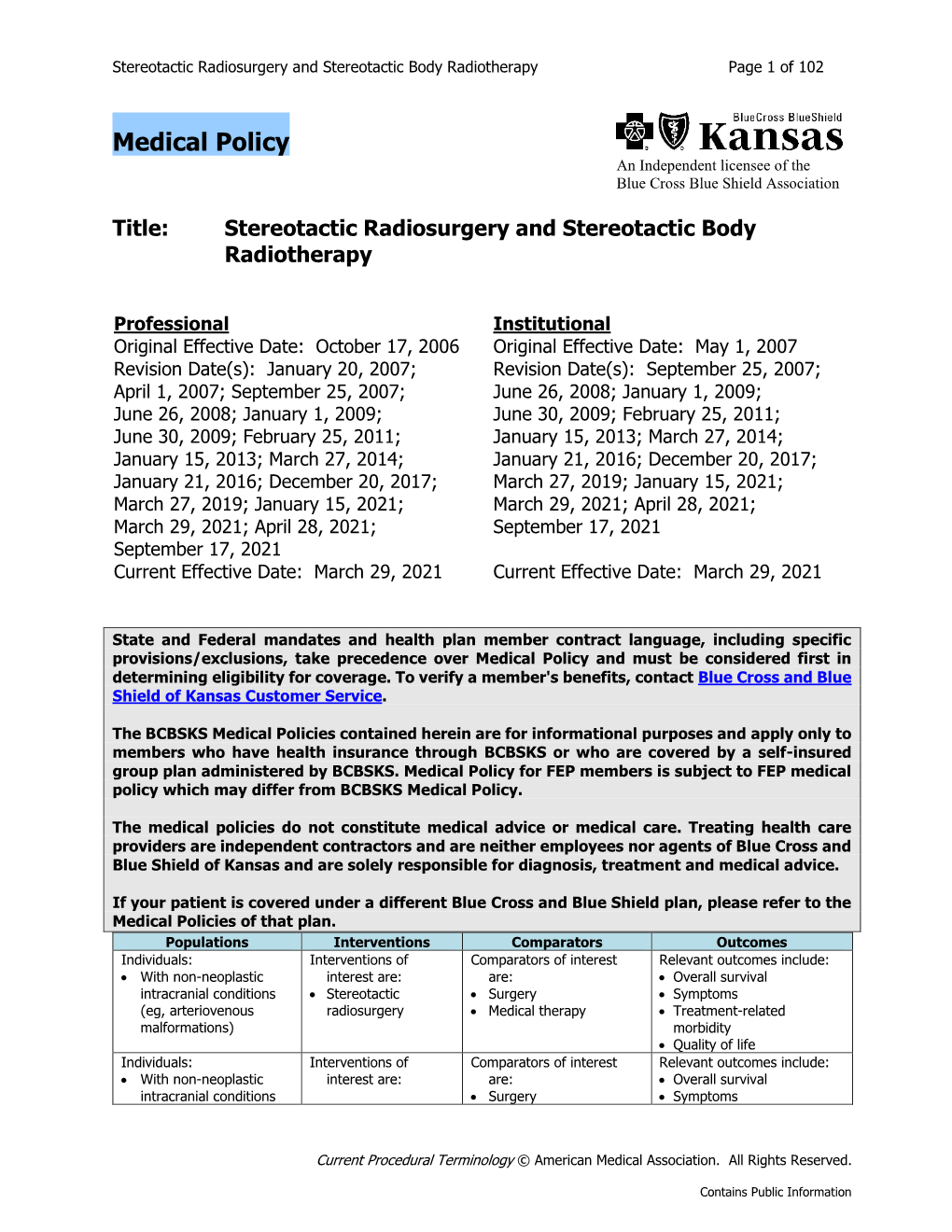 Stereotactic Radiosurgery and Stereotactic Body Radiotherapy Page 1 of 102