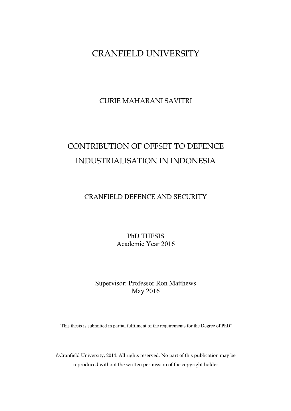 Contribution of Offset to Defence Industrialisation in Indonesia