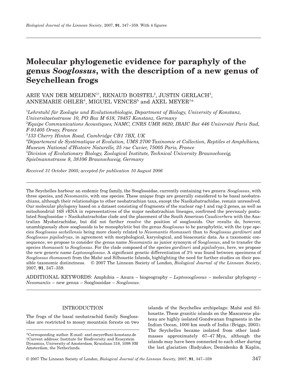 Molecular Phylogenetic Evidence for Paraphyly of the Genus Sooglossus, with the Description of a New Genus of Seychellean Frogs