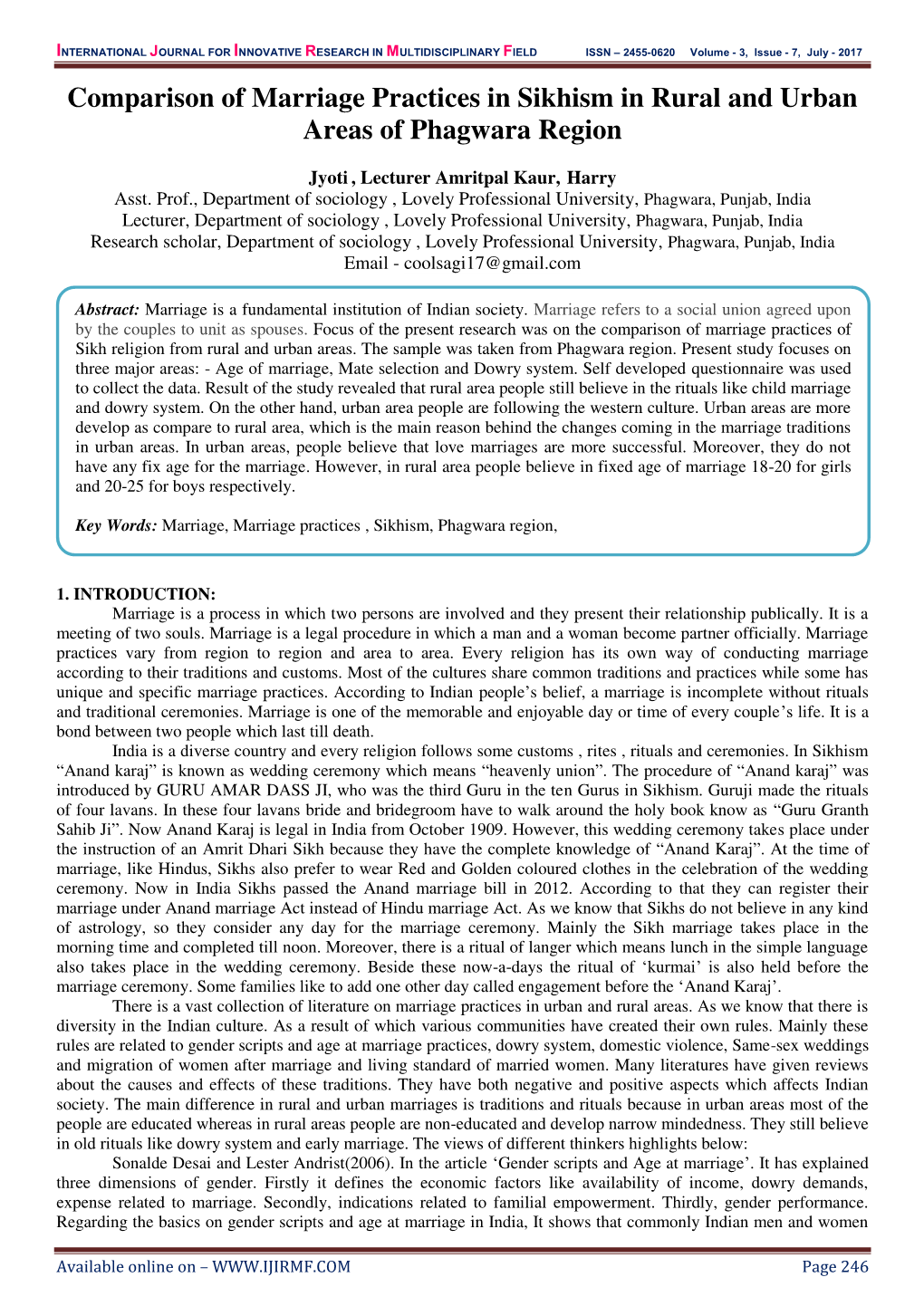 Comparison of Marriage Practices in Sikhism in Rural and Urban Areas of Phagwara Region