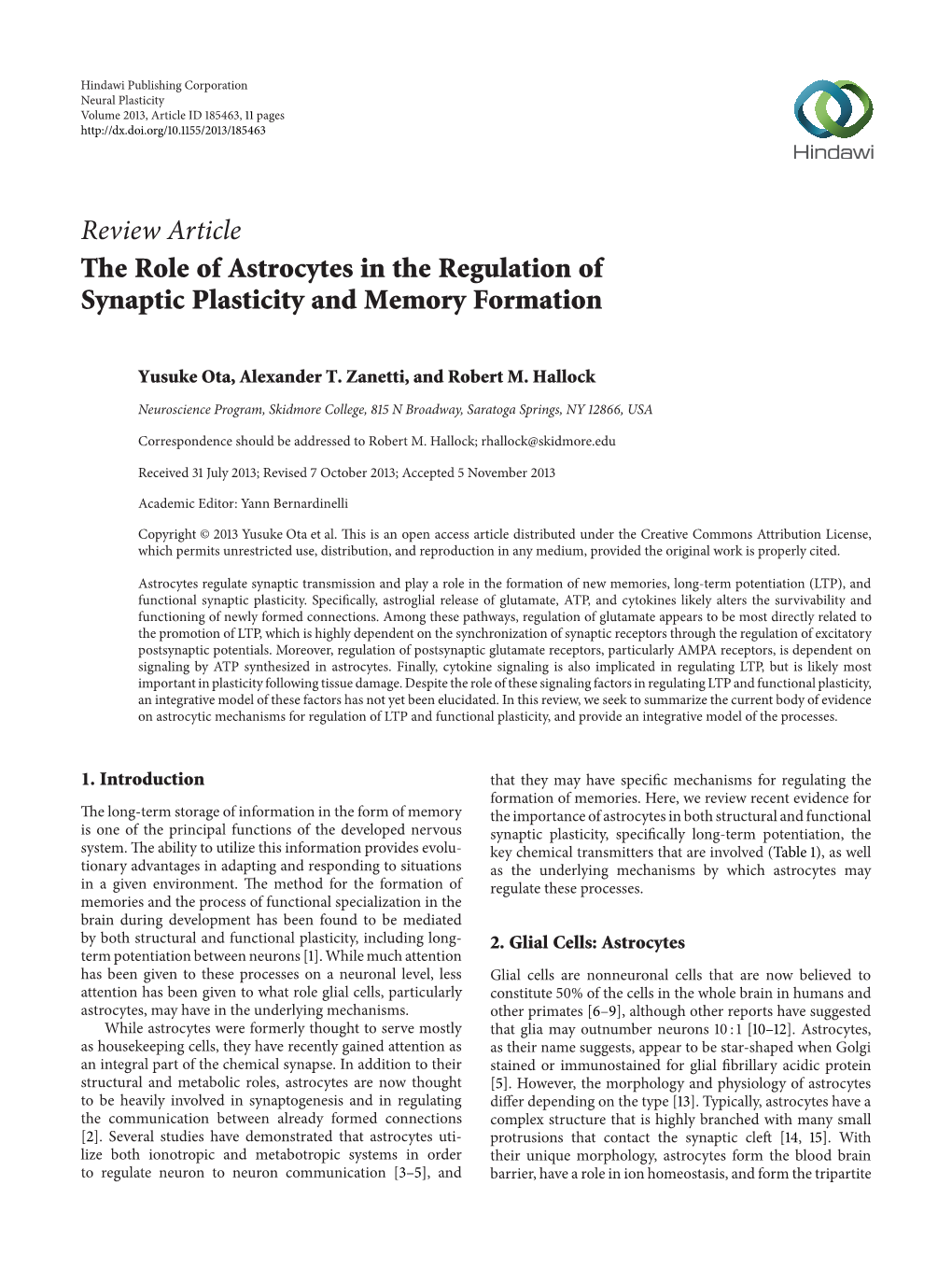 The Role of Astrocytes in the Regulation of Synaptic Plasticity and Memory Formation