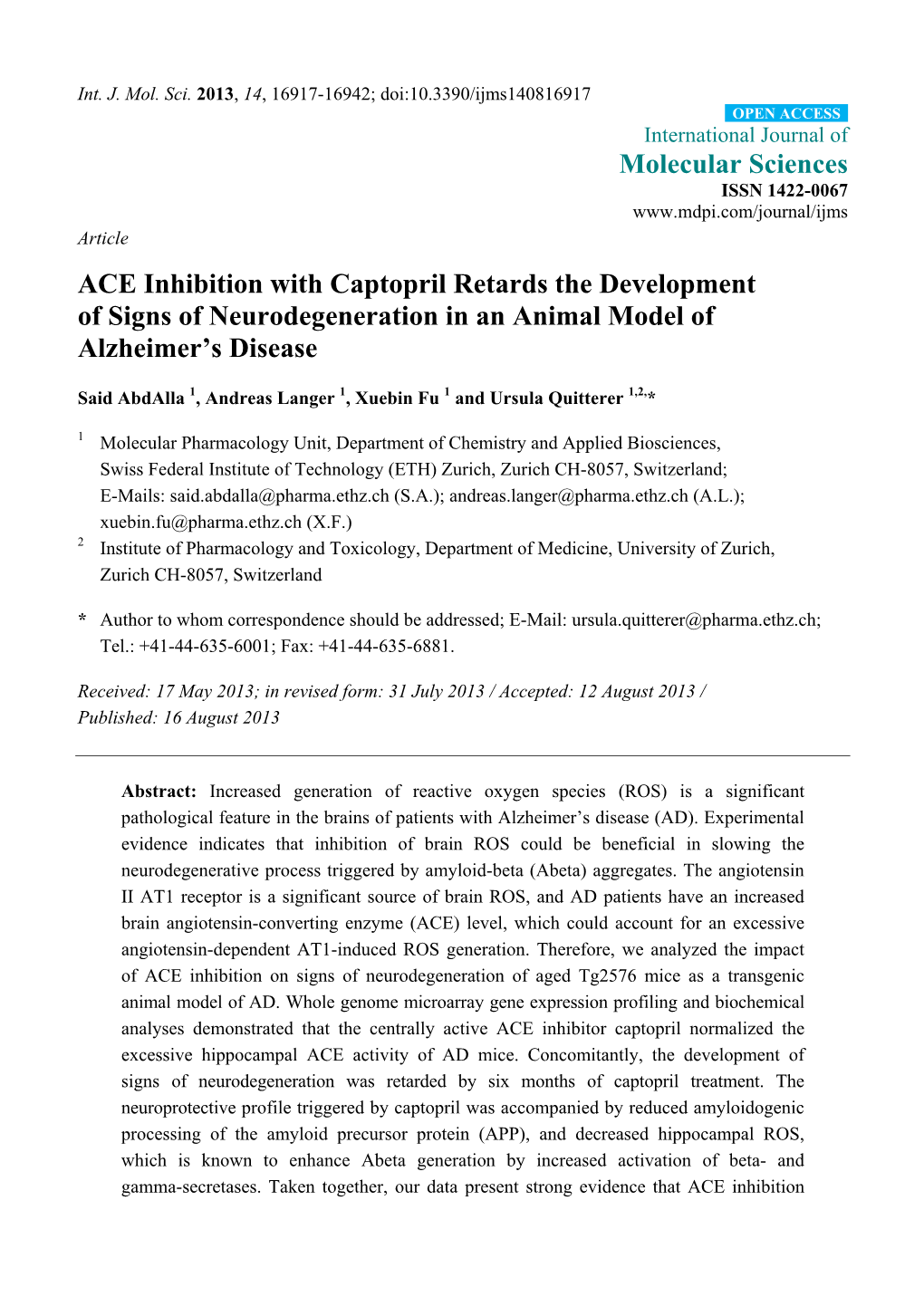 ACE Inhibition with Captopril Retards the Development of Signs of Neurodegeneration in an Animal Model of Alzheimer’S Disease