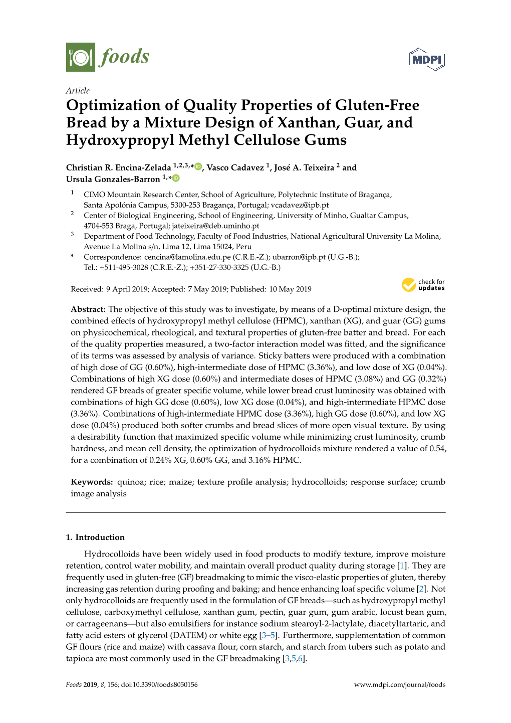 Optimization of Quality Properties of Gluten-Free Bread by a Mixture Design of Xanthan, Guar, and Hydroxypropyl Methyl Cellulose Gums