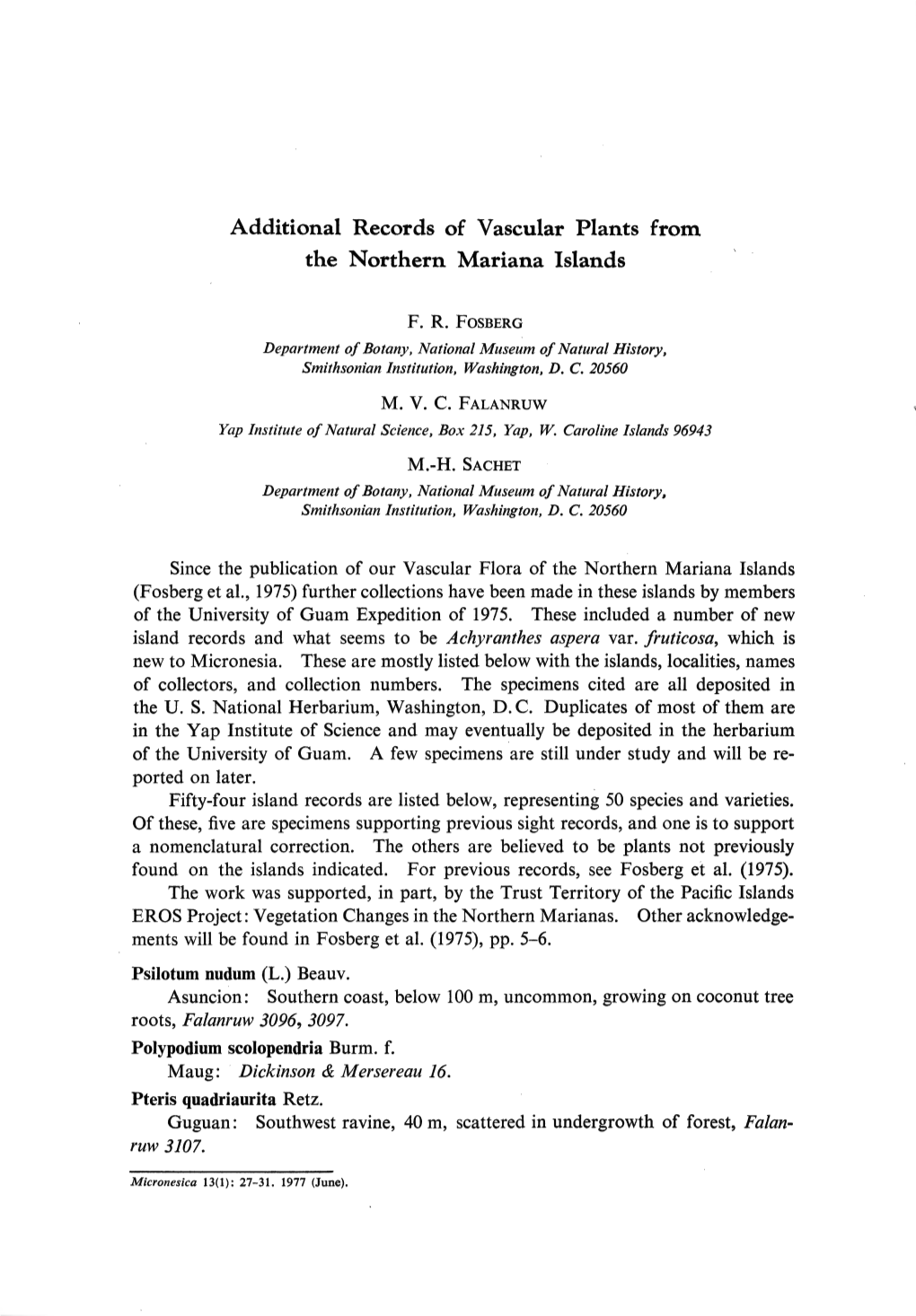 Additional Records of Vascular Plants from the Northern Mariana Islands