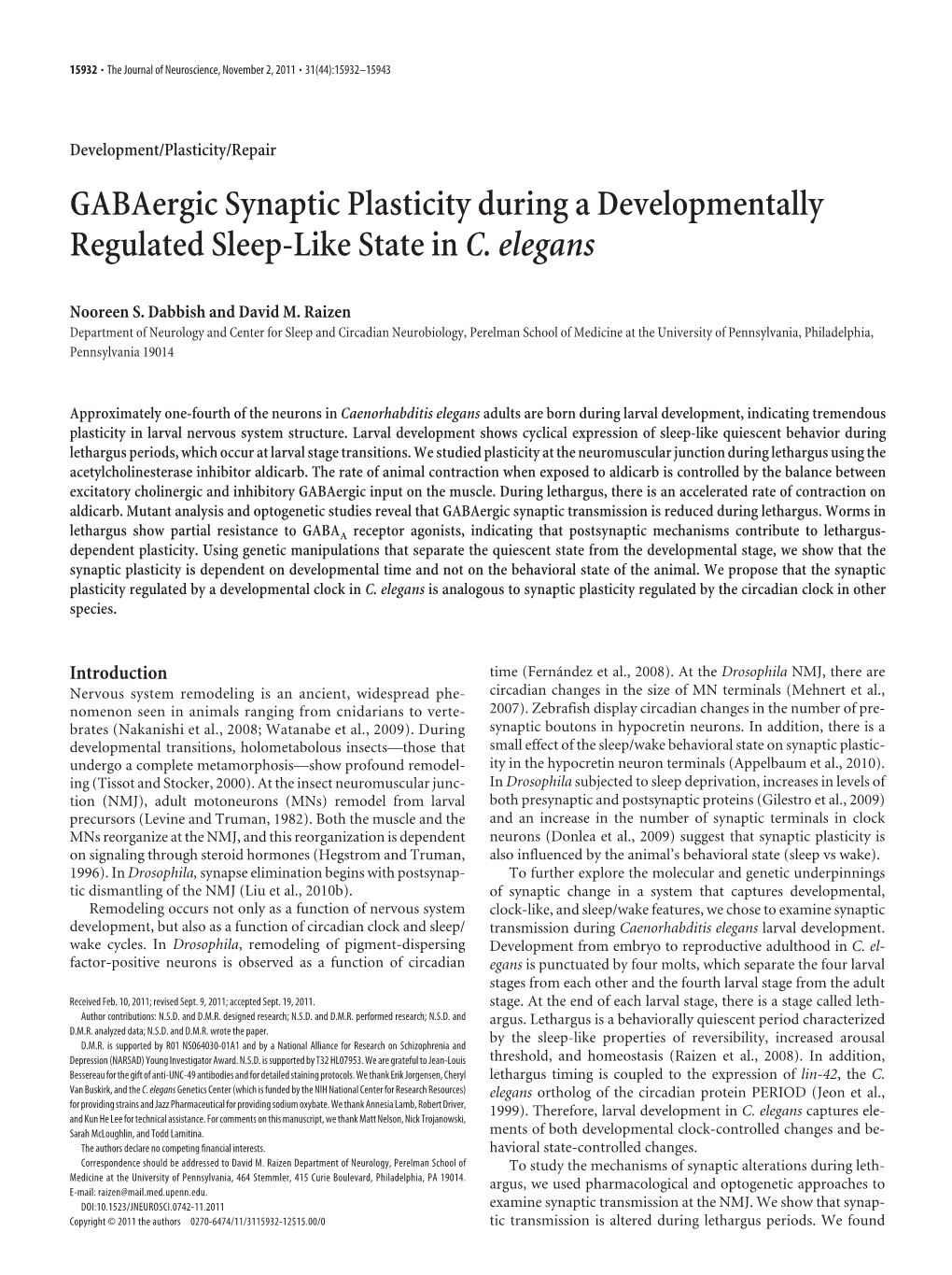 Gabaergic Synaptic Plasticity During a Developmentally Regulated Sleep-Like State in C