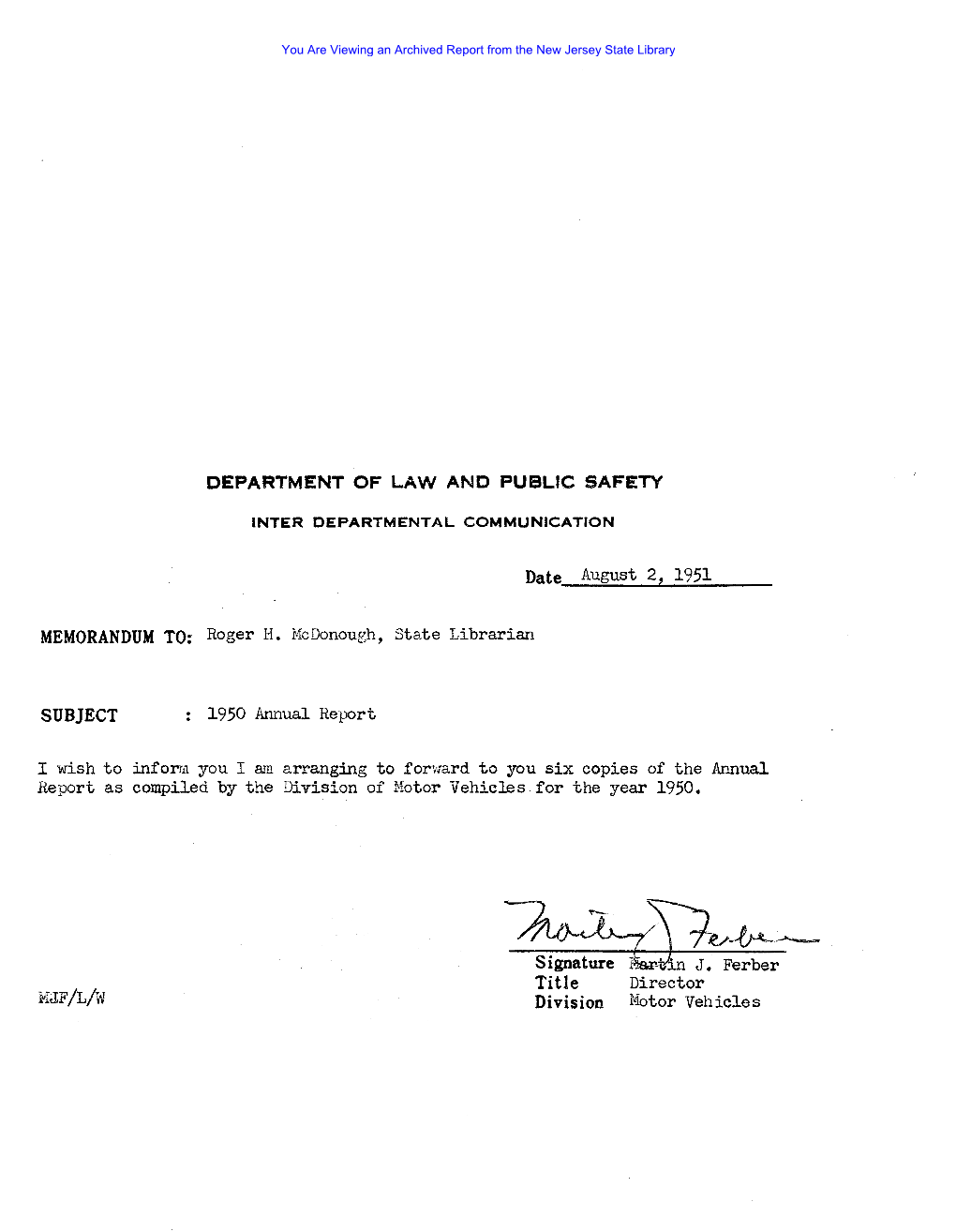 HJF/L/W Division Motor Vehicles You Are Viewing an Archived Report from the New Jersey State Library