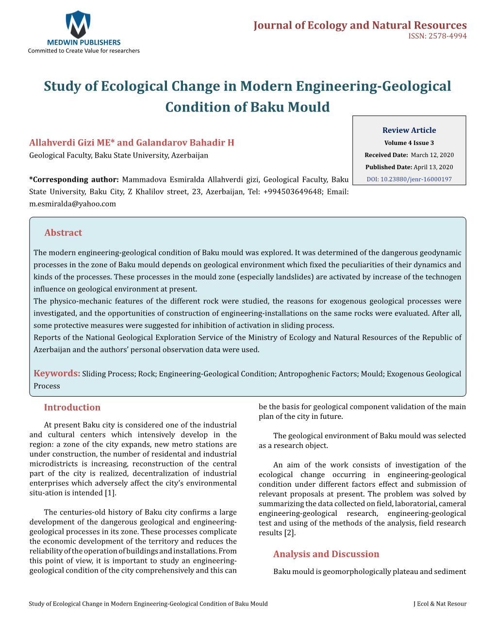 Study of Ecological Change in Modern Engineering-Geological Condition of Baku Mould