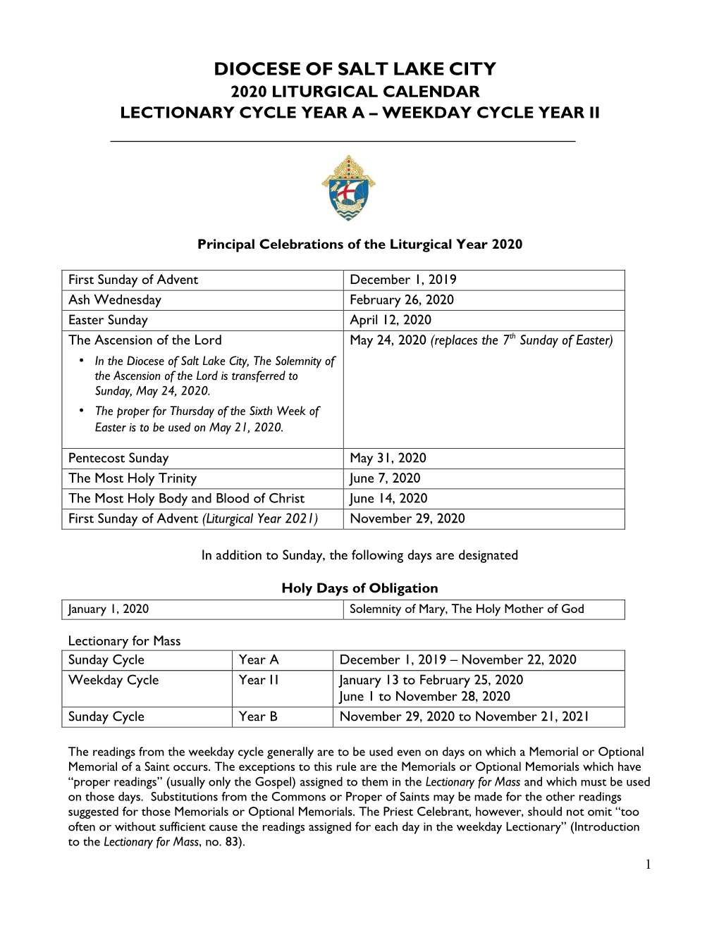 2020 Liturgical Calendar Lectionary Cycle Year a – Weekday Cycle Year Ii