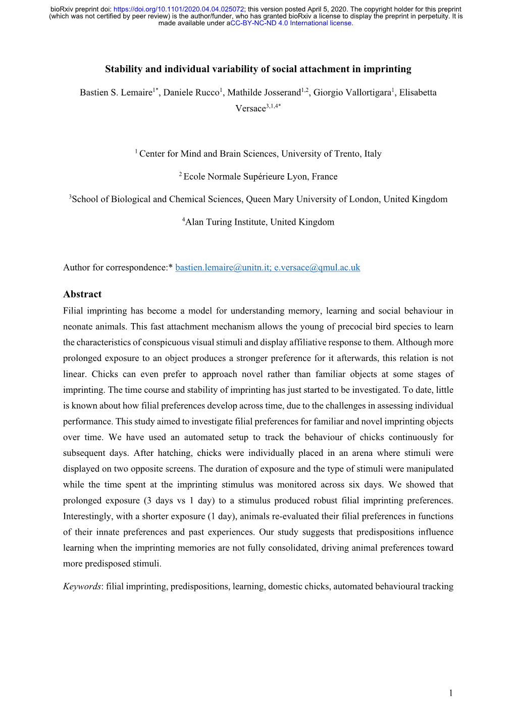 Stability and Individual Variability of Social Attachment in Imprinting