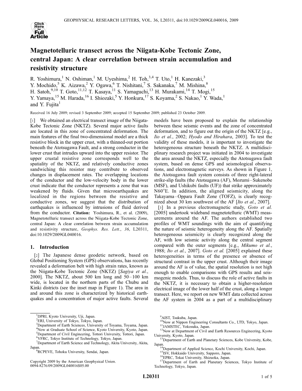 Magnetotelluric Transect Across the Niigata-Kobe Tectonic Zone, Central Japan: a Clear Correlation Between Strain Accumulation and Resistivity Structure R