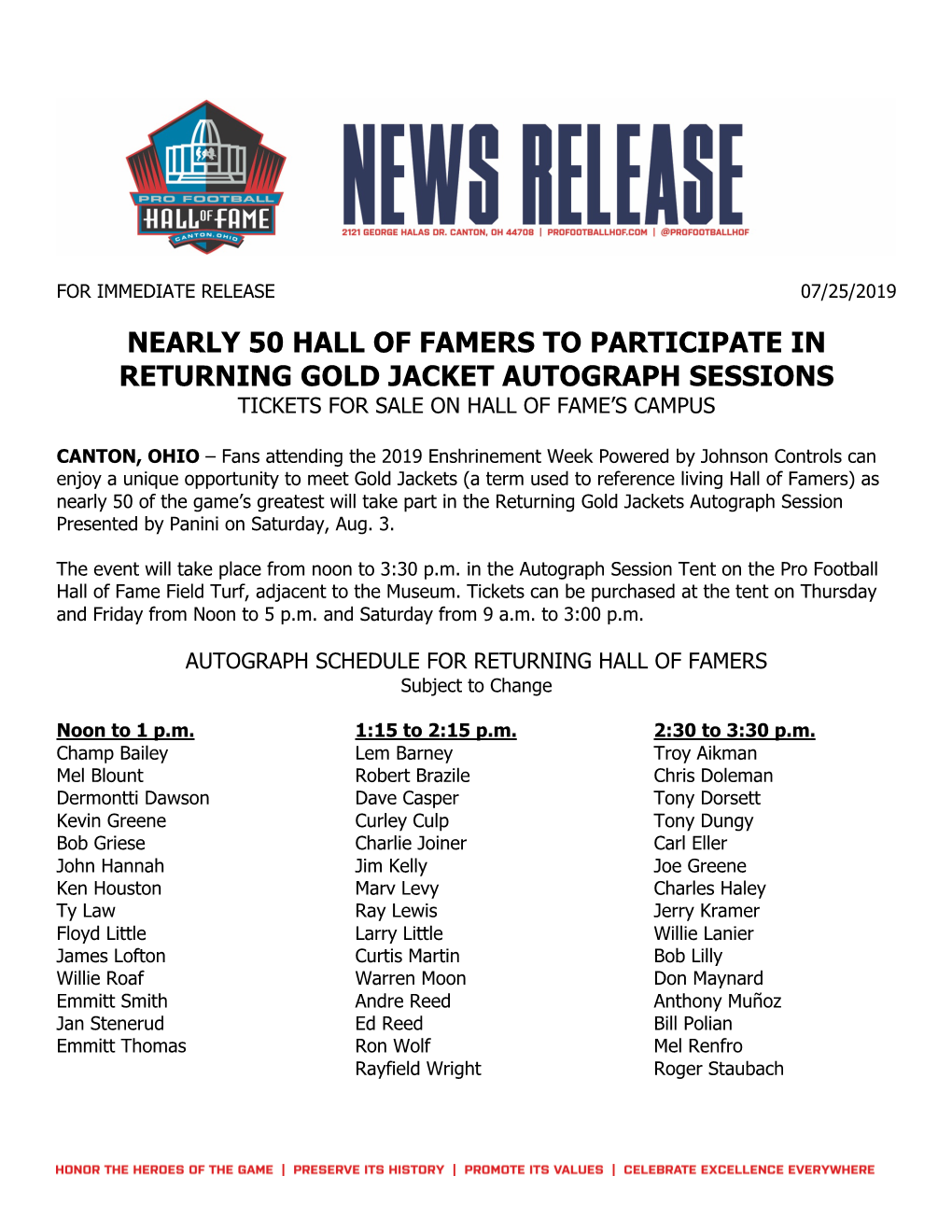 Nearly 50 Hall of Famers to Participate in Returning Gold Jacket Autograph Sessions Tickets for Sale on Hall of Fame’S Campus