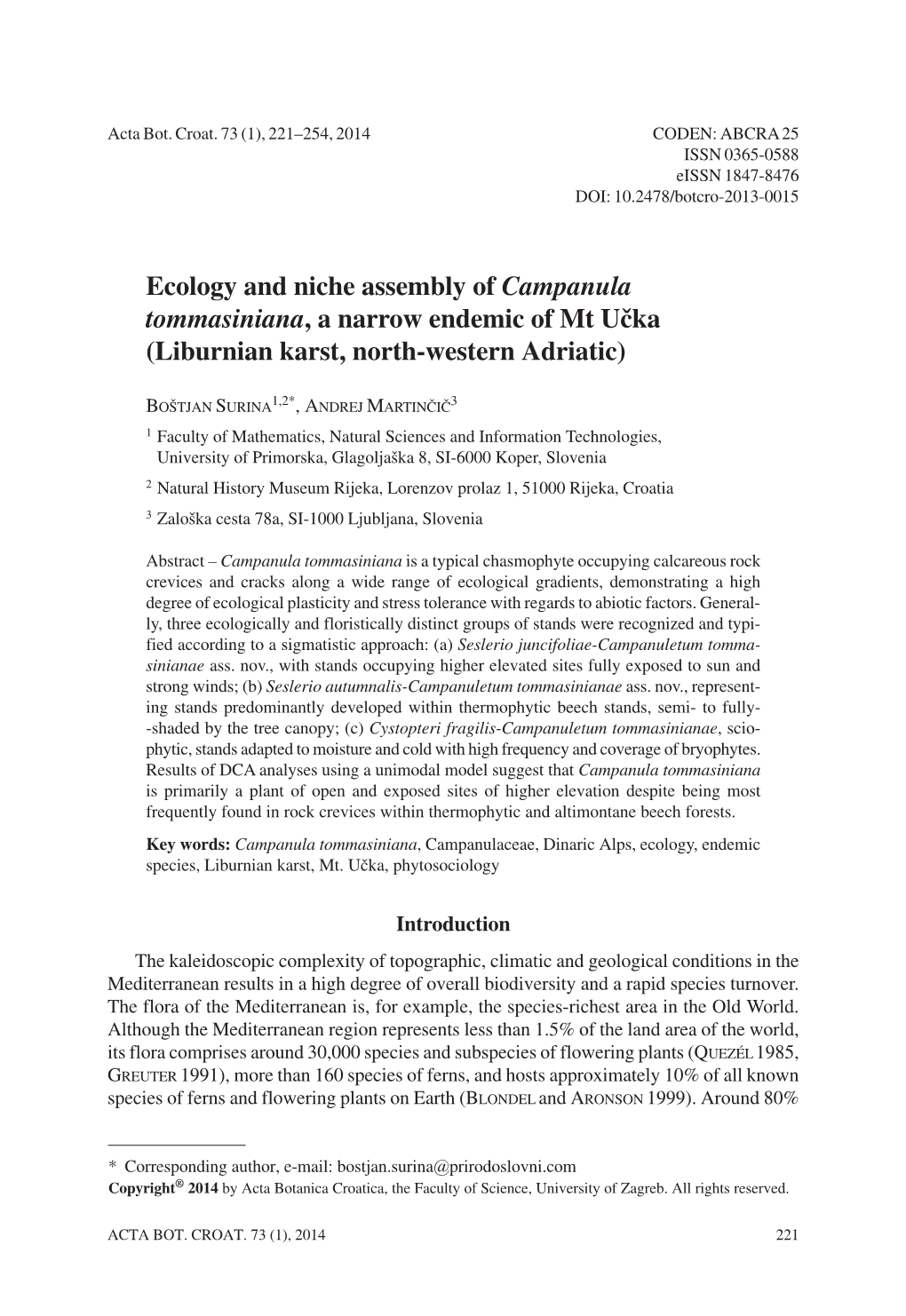 Ecology and Niche Assembly of Campanula Tommasiniana, a Narrow Endemic of Mt U~Ka (Liburnian Karst, North-Western Adriatic)