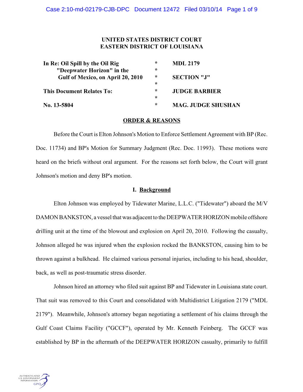 Case 2:10-Md-02179-CJB-DPC Document 12472 Filed 03/10/14 Page 1 of 9