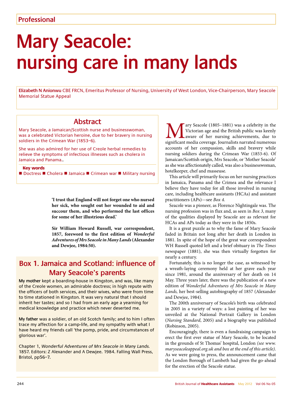Mary Seacole: Nursing Care in Many Lands