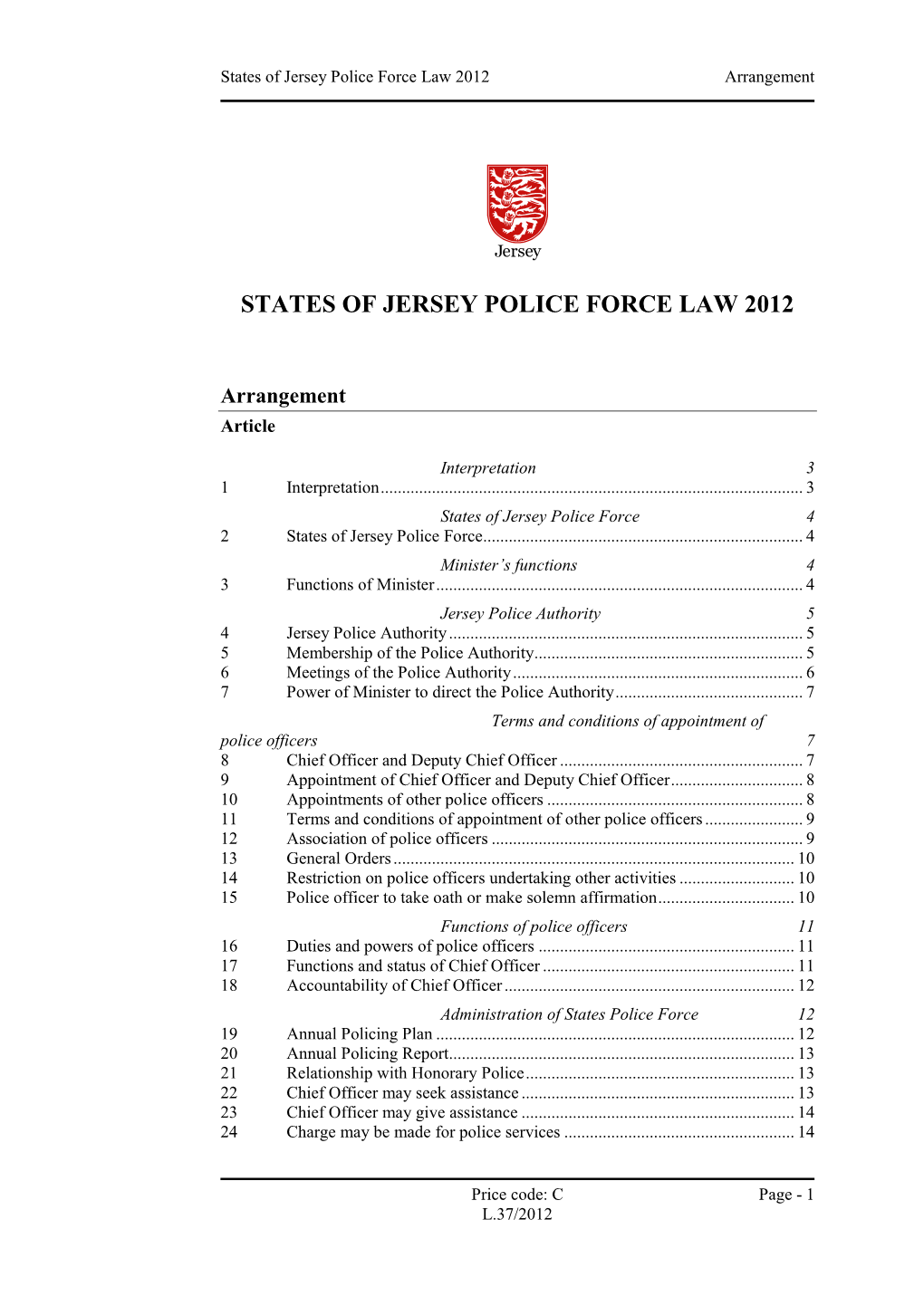 States of Jersey Police Force Law 2012 Arrangement