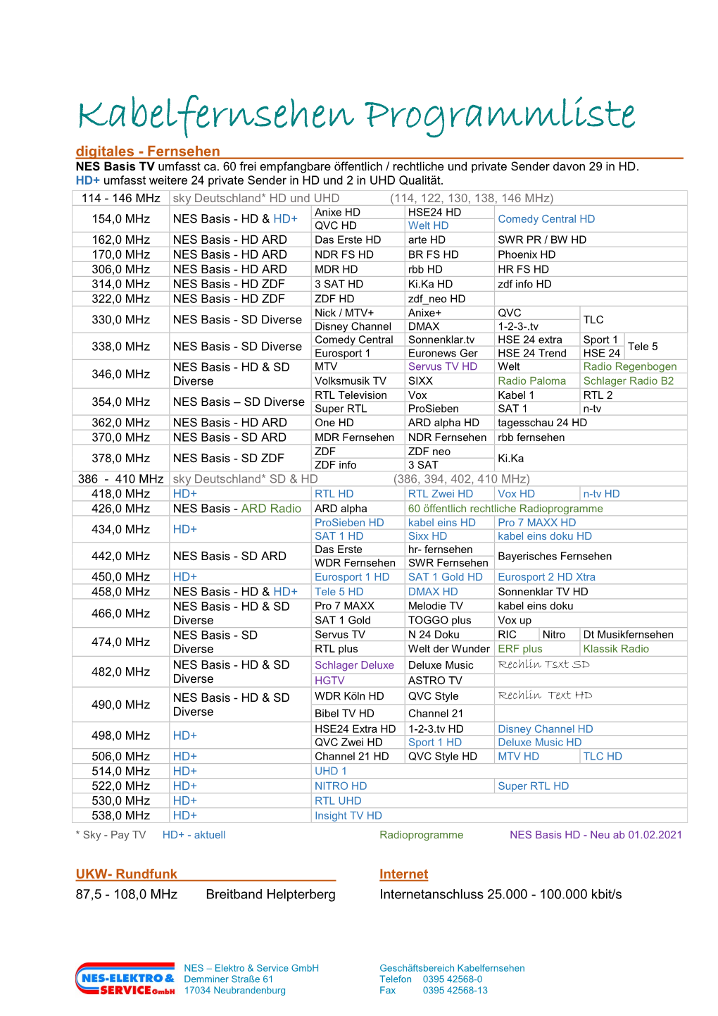 Kabelfernsehen Programmliste Digitales - Fernsehen NES Basis TV Umfasst Ca