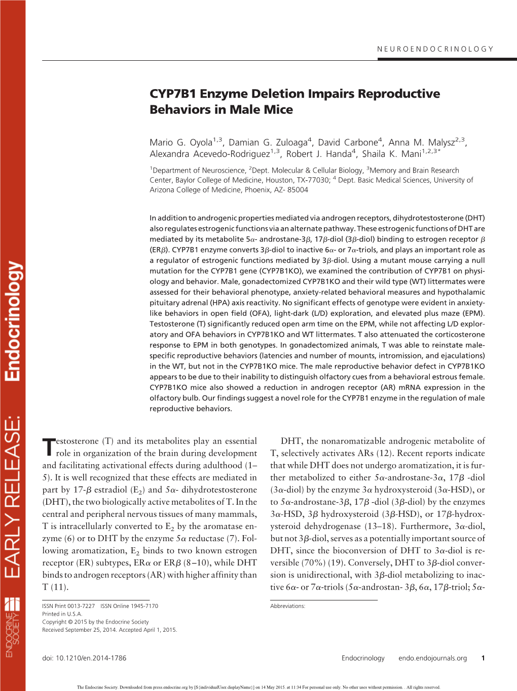 CYP7B1 Enzyme Deletion Impairs Reproductive Behaviors in Male Mice