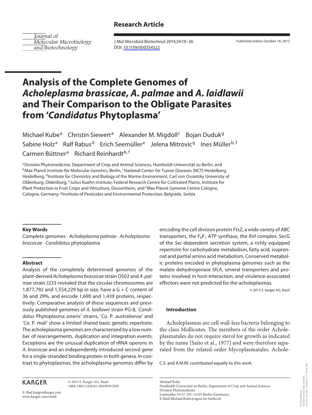 Analysis of the Complete Genomes of Acholeplasma Brassicae, A. Palmae