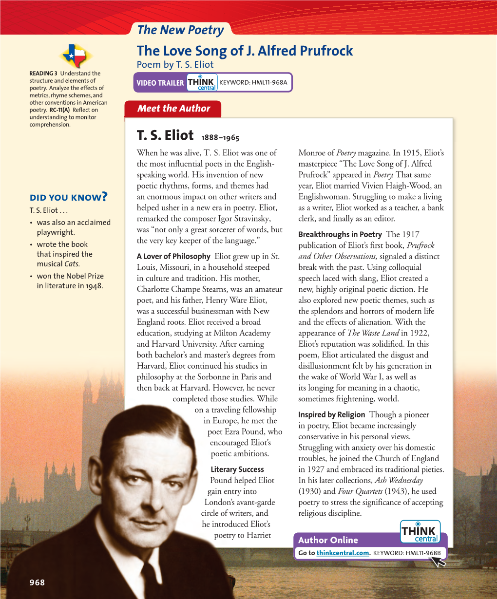 The Love Song of J. Alfred Prufrock T. S. Eliot 1888–1965