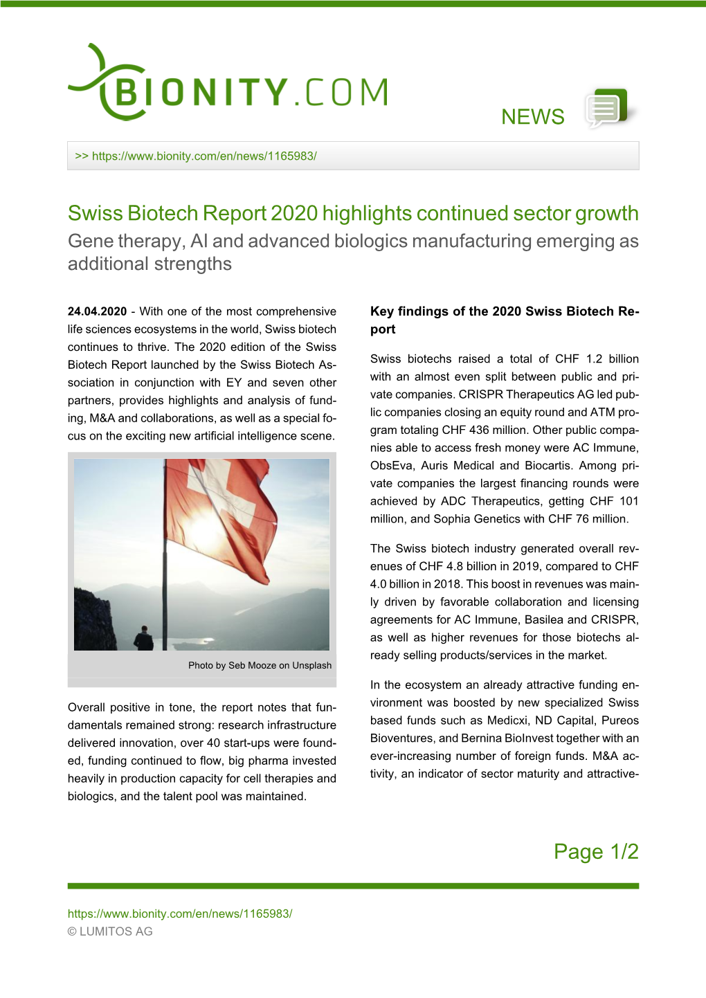 NEWS Page 1/2 Swiss Biotech Report 2020 Highlights Continued