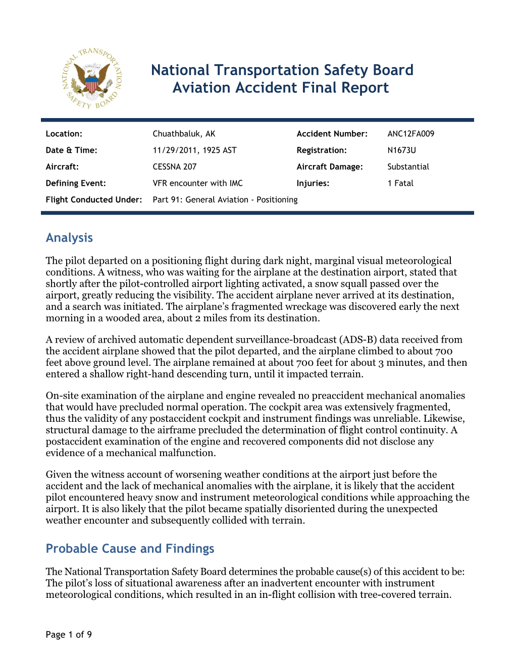 National Transportation Safety Board Aviation Accident Final Report