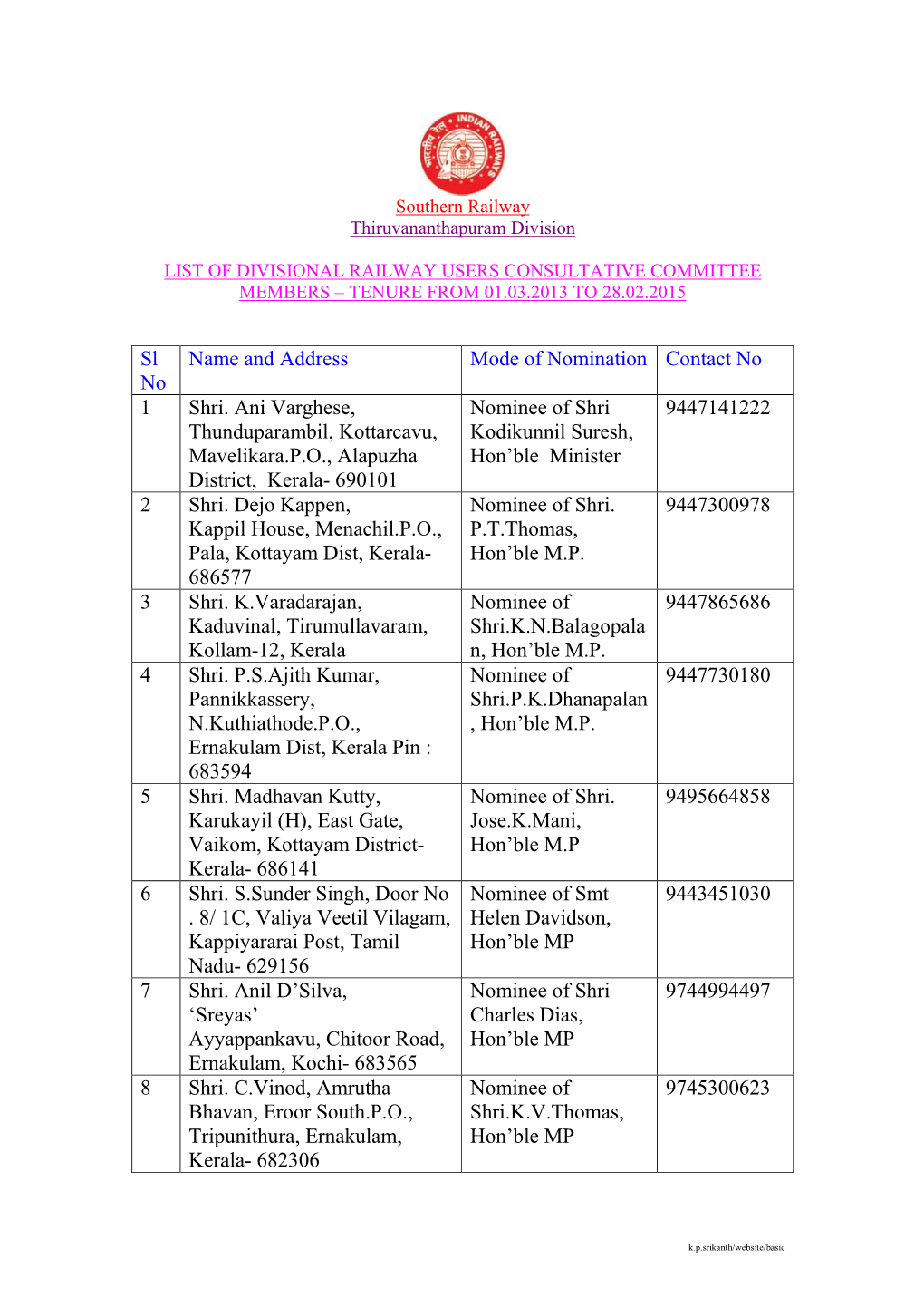 Southern Railway Thiruvananthapuram Division