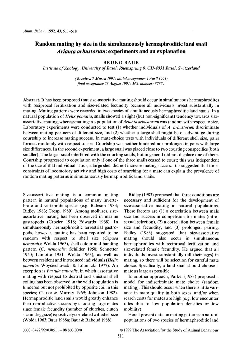 Random Mating by Size in the Simultaneously Hermaphroditic Land Snail Arianta Arbustorum: Experiments and an Explanation