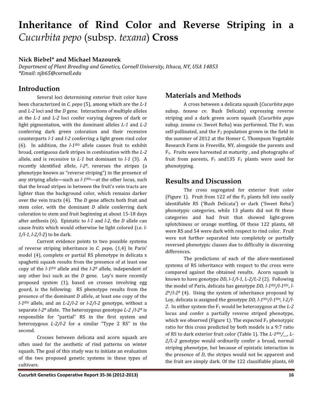 Inheritance of Rind Color and Reverse Striping in a Cucurbita Pepo (Subsp