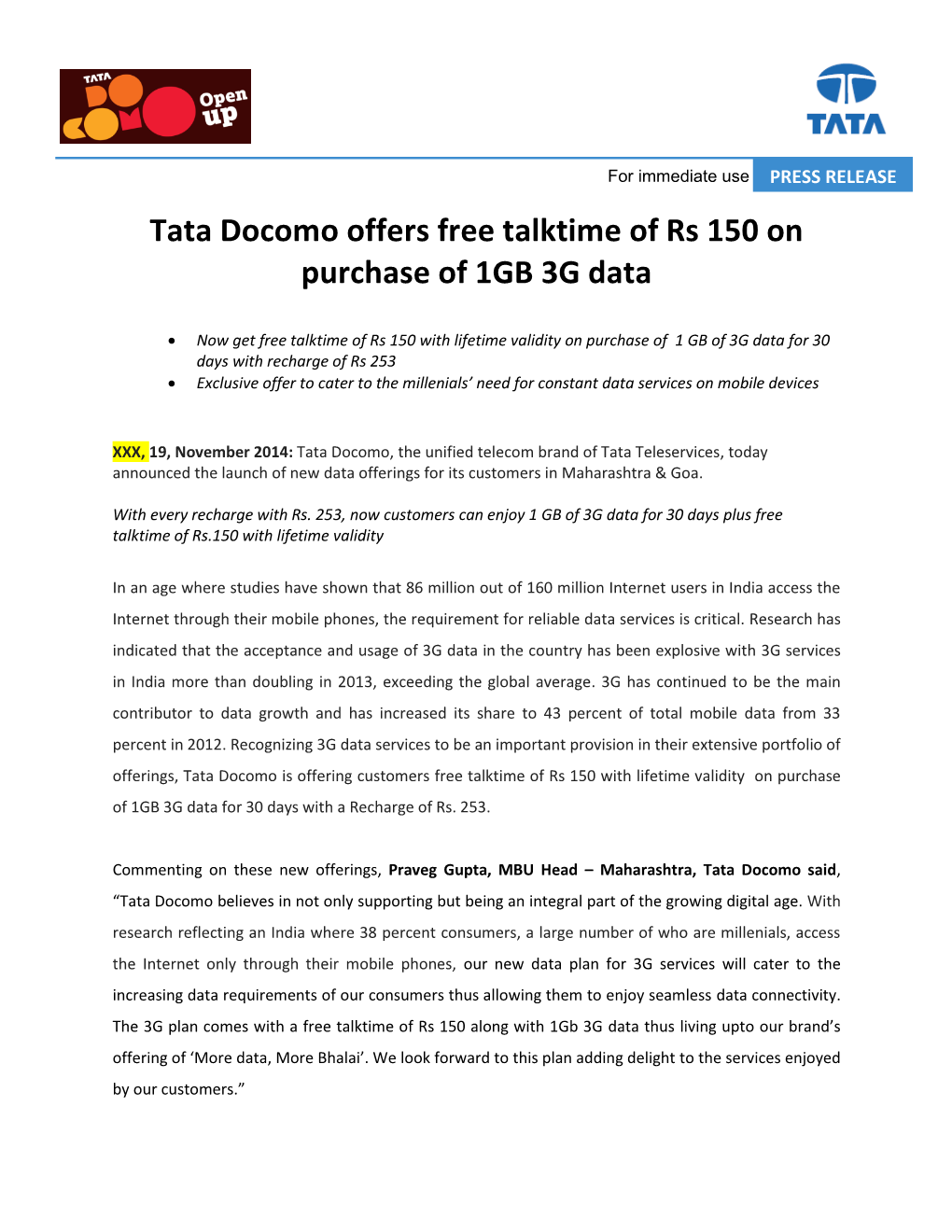 Tata Docomo Offers Free Talktime of Rs 150 on Purchase of 1GB 3G Data