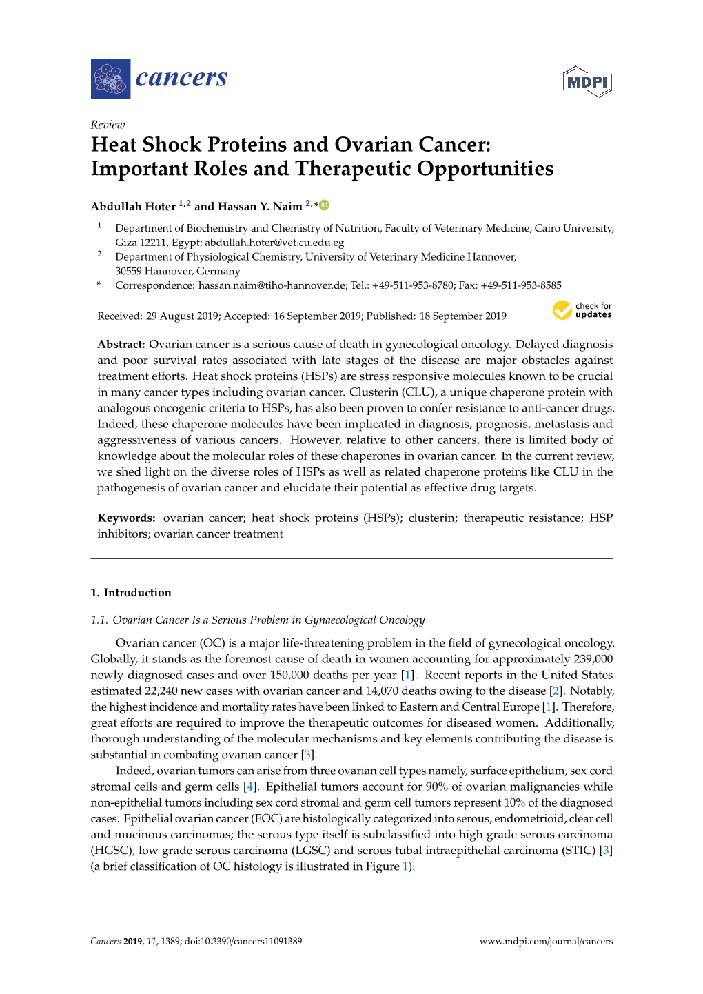 Heat Shock Proteins and Ovarian Cancer: Important Roles and Therapeutic Opportunities